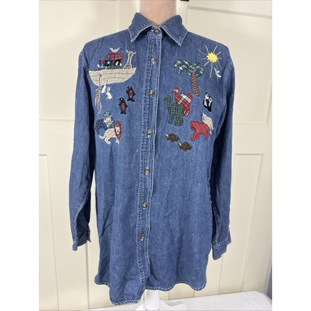 Vtg Womens L Noah's Ark Embroidered Denim Button Up Shirt Y2K 90's Cottagecore